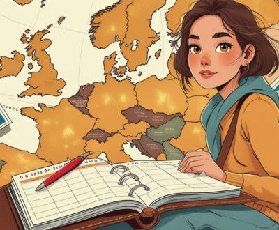 Ilustración de una joven viajera planeando su viaje a Europa con un mapa, revistas de destinos y una agenda abierta