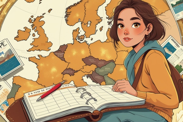 Ilustración de una joven viajera planeando su viaje a Europa con un mapa, revistas de destinos y una agenda abierta