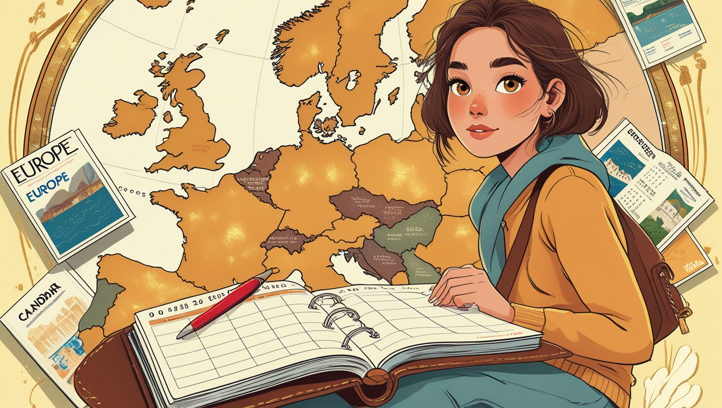 Ilustración de una joven viajera planeando su viaje a Europa con un mapa, revistas de destinos y una agenda abierta